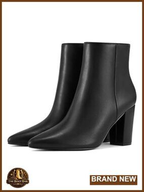 Women's Pointed Toe Chunky Heel Ankle Boots Side Zipper Vegan Leather